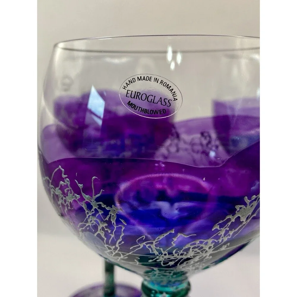 3 Euroglass Wine Glasses Goblets Purple Green/Teal Silver Abstract Romania